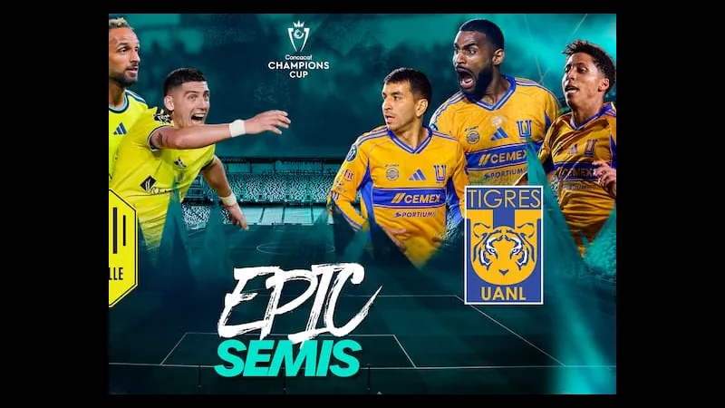 Cầu thủ Nashville và Tigres UANL tranh chấp bóng trên sân